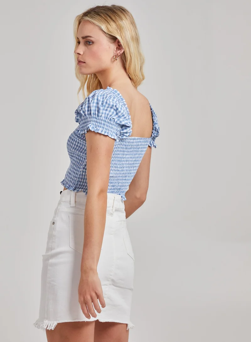 بينك فانيلا بلوزة مربعات مكشكشة قصيرة