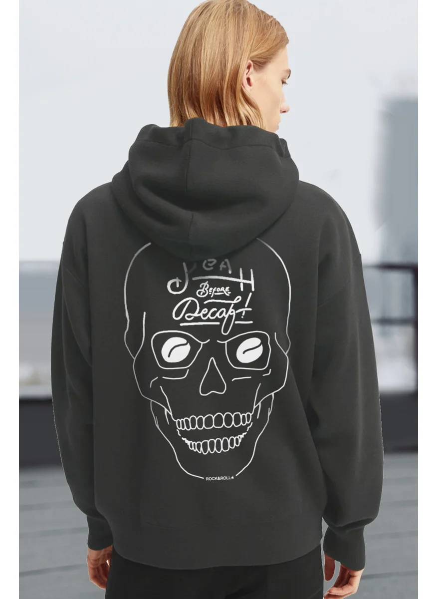 Rock&Roll Headline Hooded Thick Oversize Front and Back Printed Anthracite Women's Sweatshirt