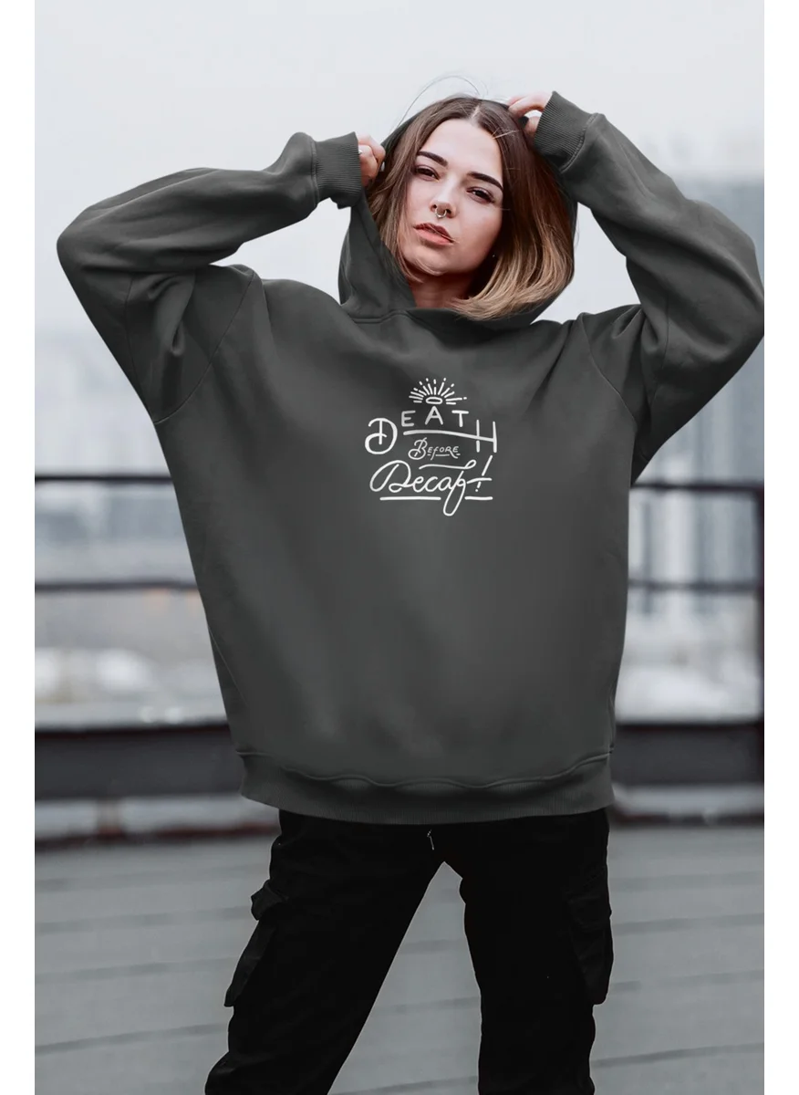 Rock&Roll Headline Hooded Thick Oversize Front and Back Printed Anthracite Women's Sweatshirt