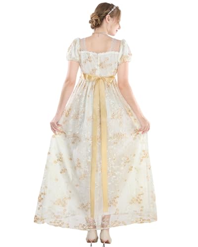 FCCAM FCCAM FCCAM Regency Dresses for Women Puffy Sleeves Victorian Dress Costume Empire Waist Regency Ball Gown Light Yellow XL - Image 4
