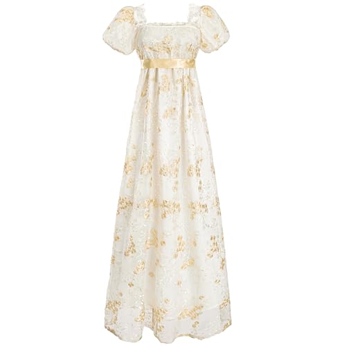 FCCAM FCCAM FCCAM Regency Dresses for Women Puffy Sleeves Victorian Dress Costume Empire Waist Regency Ball Gown Light Yellow XL - Image 1