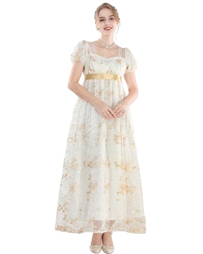 FCCAM FCCAM FCCAM Regency Dresses for Women Puffy Sleeves Victorian Dress Costume Empire Waist Regency Ball Gown Light Yellow XL - Image 3