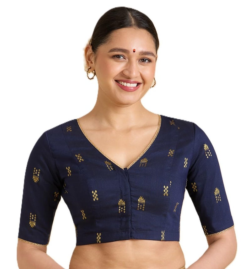 Studio Shringaar Women's Handloom Cotton Silk Readymade Saree Blouse (Navy Blue, 34) - Image 1