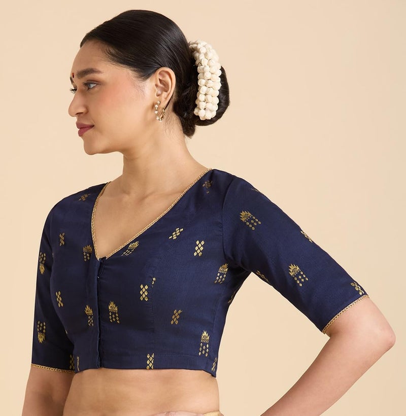 Studio Shringaar Women's Handloom Cotton Silk Readymade Saree Blouse (Navy Blue, 34) - Image 3