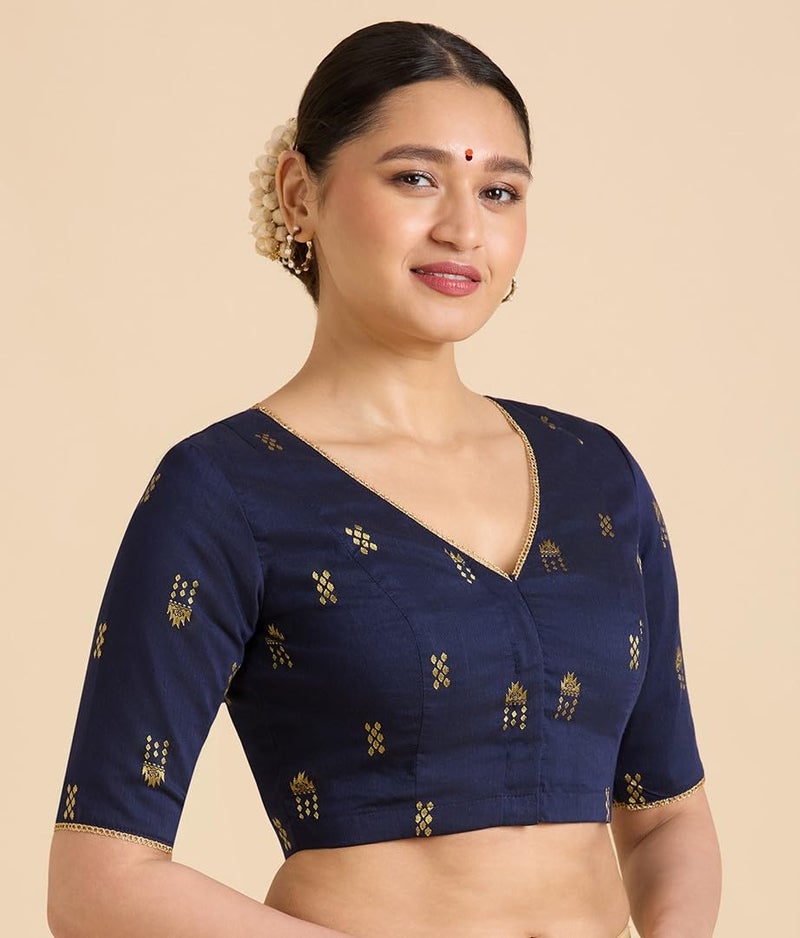 Studio Shringaar Women's Handloom Cotton Silk Readymade Saree Blouse (Navy Blue, 34) - Image 4