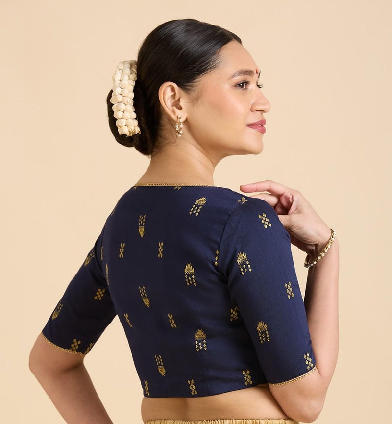 Studio Shringaar Women's Handloom Cotton Silk Readymade Saree Blouse (Navy Blue, 34) - Image 2