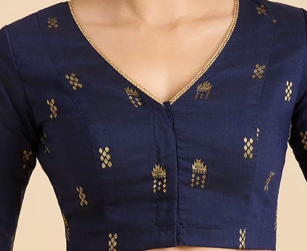 Studio Shringaar Women's Handloom Cotton Silk Readymade Saree Blouse (Navy Blue, 34) - Image 5