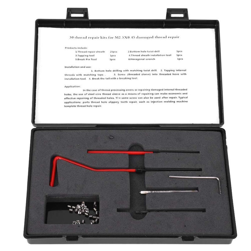 30 Pcs M2.5x0.45 Stainless Steel Thread Repair Kit, Rethreading Tap Set for Female Threads, Includes Spiral Drill Tap Wrench and 25 Inserts for Aluminum Alloy Auto Parts - Image 1