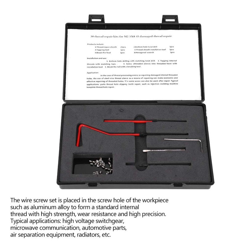 30 Pcs M2.5x0.45 Stainless Steel Thread Repair Kit, Rethreading Tap Set for Female Threads, Includes Spiral Drill Tap Wrench and 25 Inserts for Aluminum Alloy Auto Parts - Image 3