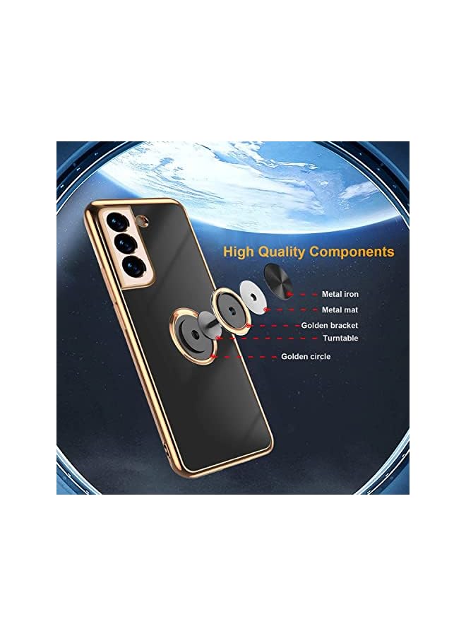 YoYoTech Luxury Silicone TPU Shockproof Ring Holder Kickstand Silm Plated Phone Case Cover for Samsung Galaxy S21 (Black) - Image 5