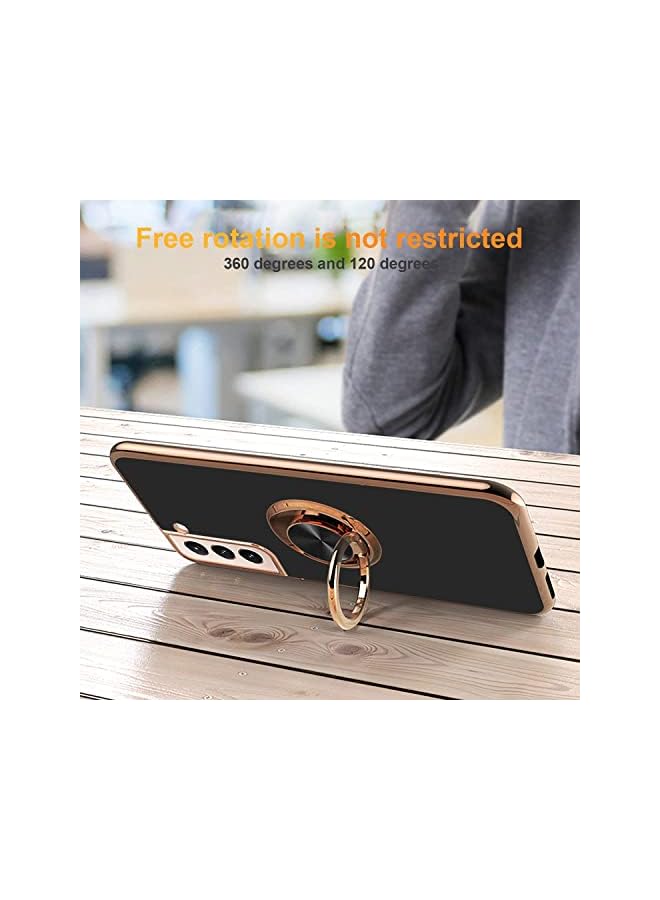 YoYoTech Luxury Silicone TPU Shockproof Ring Holder Kickstand Silm Plated Phone Case Cover for Samsung Galaxy S21 (Black) - Image 4