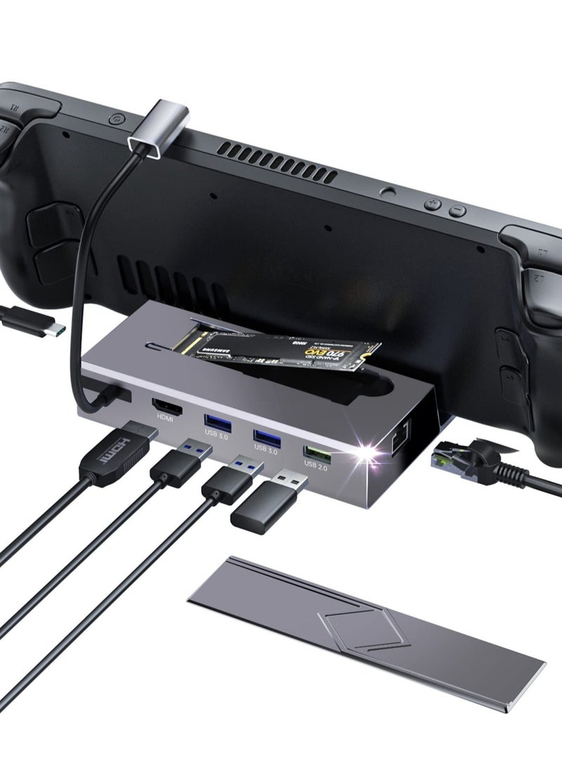 Captaintech M.2 Docking Station for Steam Deck, 7 in 1 Docking Station with SSD Port HDMI 2.0 4K@60Hz, Gigabit Ethernet, 3 USB and Full Speed USB-C Charge Port Compatible with Valve Steam Deck - Image 1
