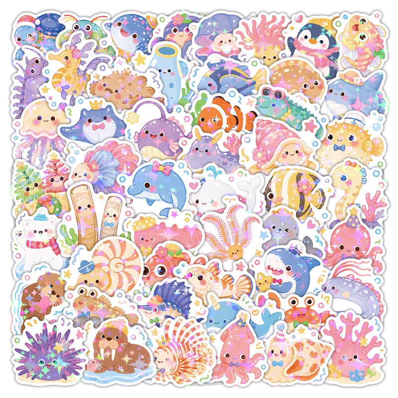 50pcs Ocean Animal Stickers - Cute Dolphin & Jellyfish DIY Waterproof Decals - Image 1