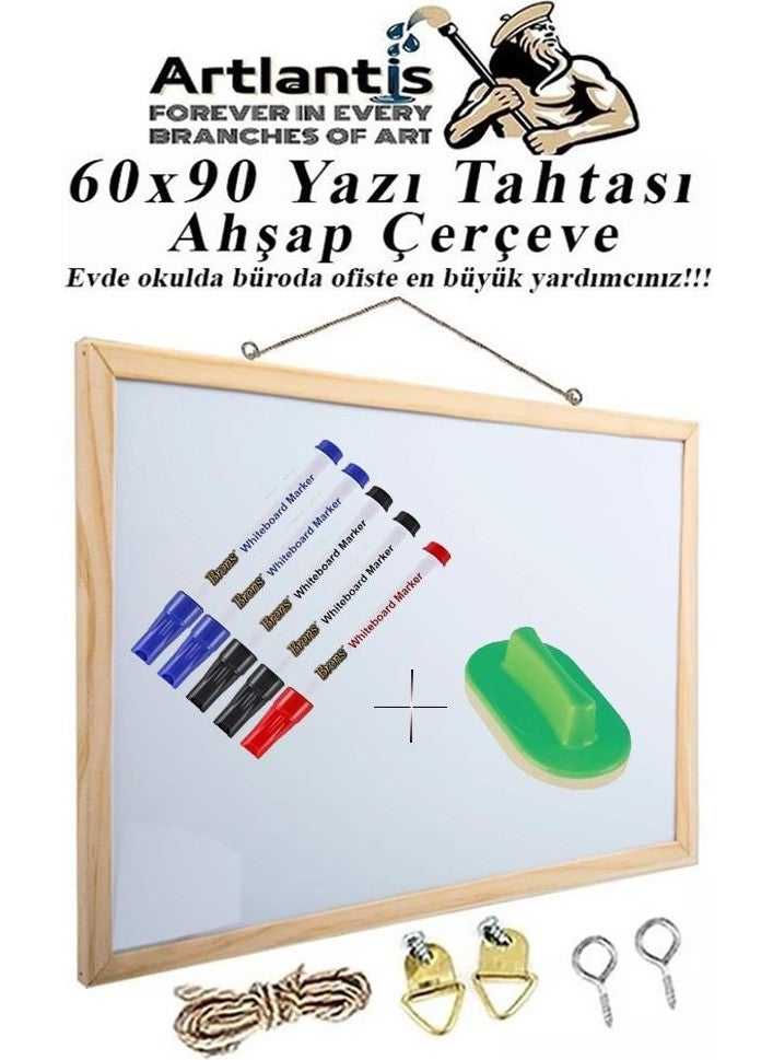 Artlantis - Wall Mounted White Writing Board 60X90 cm 1 Piece Blackboard Pen and Eraser Laminate Writing Board Wooden Frame Hanging School Office Desk - Image 1