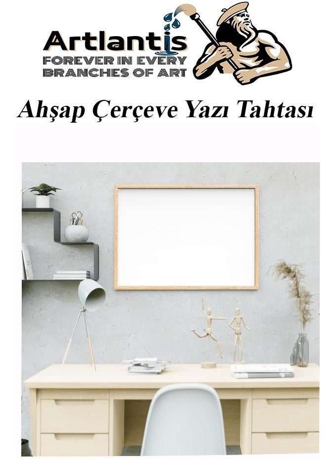Artlantis - Wall Mounted White Writing Board 60X90 cm 1 Piece Blackboard Pen and Eraser Laminate Writing Board Wooden Frame Hanging School Office Desk - Image 1