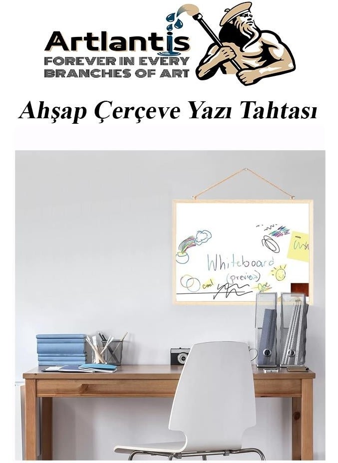 Artlantis - Wall Mounted White Writing Board 60X90 cm 1 Piece Blackboard Pen and Eraser Laminate Writing Board Wooden Frame Hanging School Office Desk - Image 1