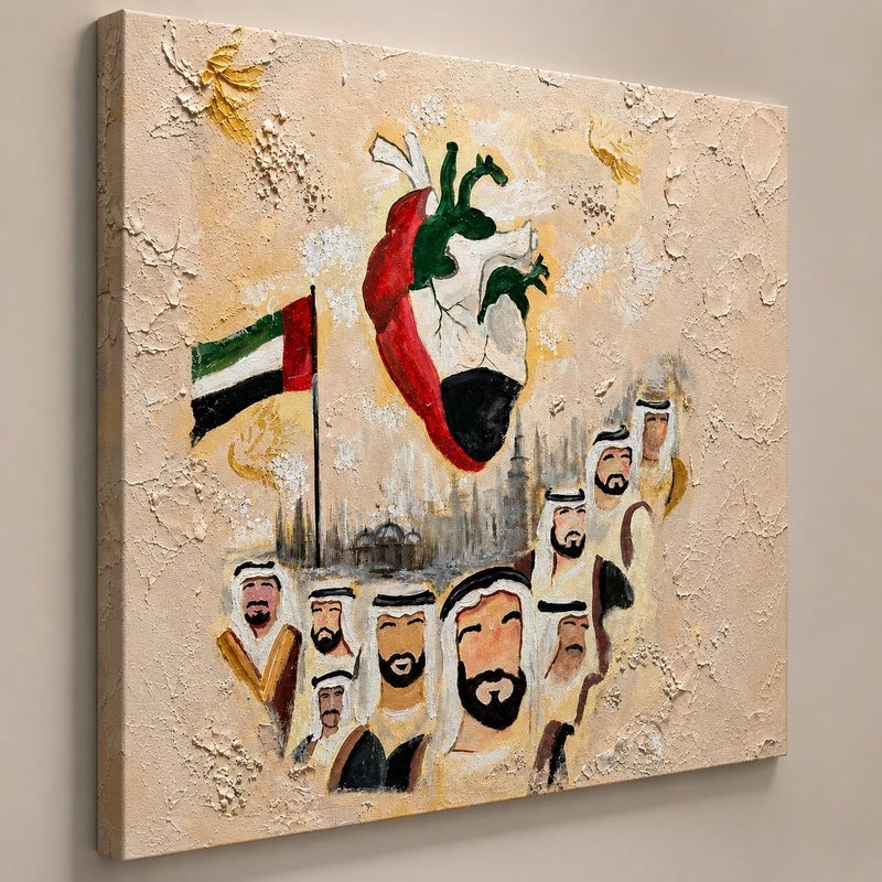 ARS UAE Leaders Canvas Wall Art,Textured Abstract Heart Painting in UAE Flag Colors with Sheikh Zayed & Dubai Rulers, Arabic National Day Canvas Print for Majlis & Office, Ready to Hang - Image 2