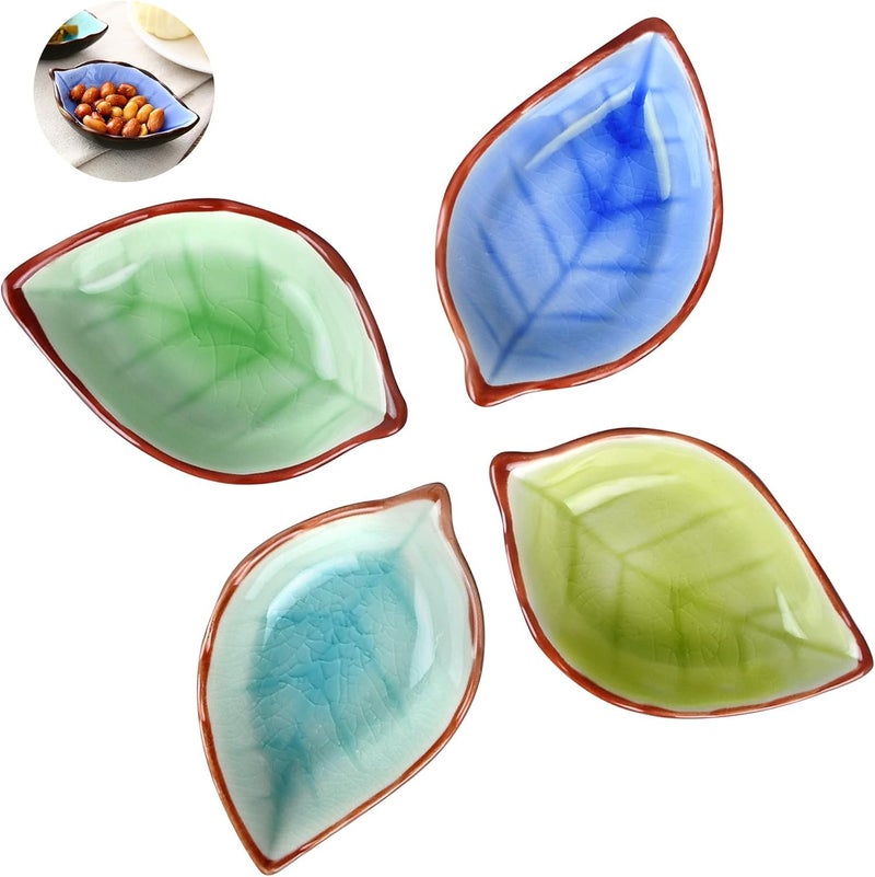 P Plus Fire Snack Plate Leaf Shaped Dip Dish Ceramic Snack Dish Holds Nachos Chips Hot Corn Dogs Ice Cream and More Snack Tray Mini Bowl with Soy Sauce Random Color Pack of 4 - Image 1