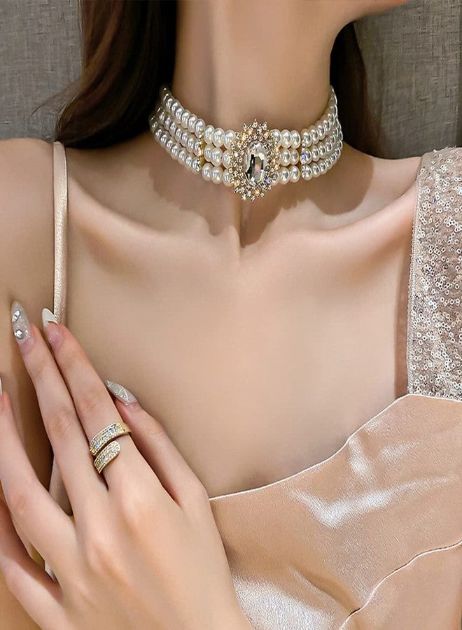 CSIYANJRY99 3 Tier Dainty Rhinestones Pearls Choker Necklaces for Women Chunky Short 1920s Choker Necklace Chain Multilayer Choker Necklaces Prom Party for Women (B) - Image 5