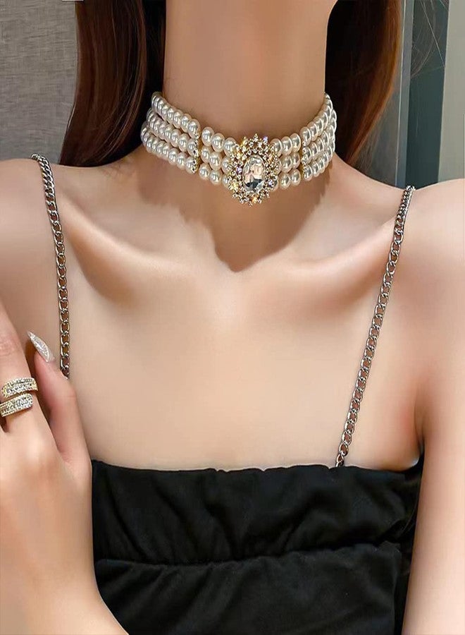 CSIYANJRY99 3 Tier Dainty Rhinestones Pearls Choker Necklaces for Women Chunky Short 1920s Choker Necklace Chain Multilayer Choker Necklaces Prom Party for Women (B) - Image 2