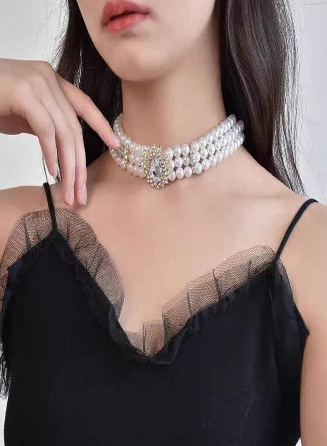 CSIYANJRY99 3 Tier Dainty Rhinestones Pearls Choker Necklaces for Women Chunky Short 1920s Choker Necklace Chain Multilayer Choker Necklaces Prom Party for Women (B) - Image 4