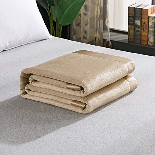 EP Mode Luxury Mulberry Silk Blanket with Silk Charmeuse Border (Rugby Tan, Twin 66" x 88") - Image 1