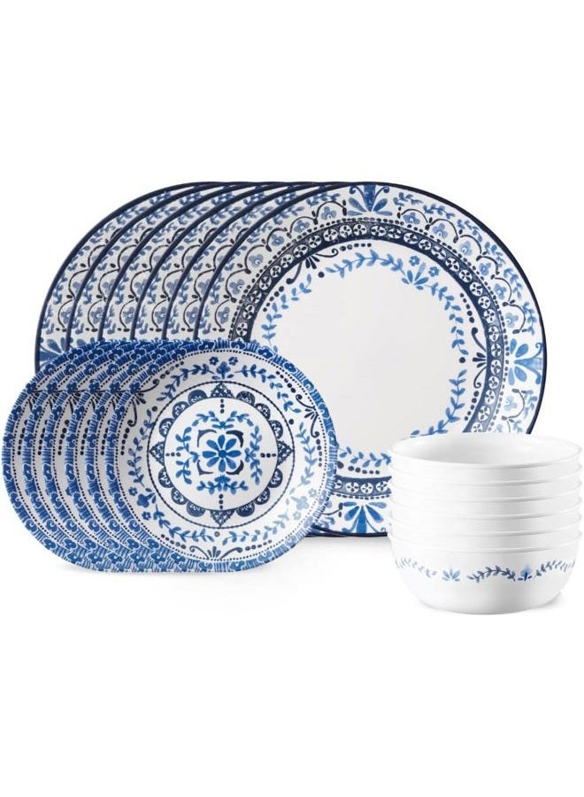 Corelle طقم أدوات مائدة مقاوم للرقائق لخدمة 6 أشخاص، 18 قطعة، بورتوفينو، أبيض وأزرق - Image 1