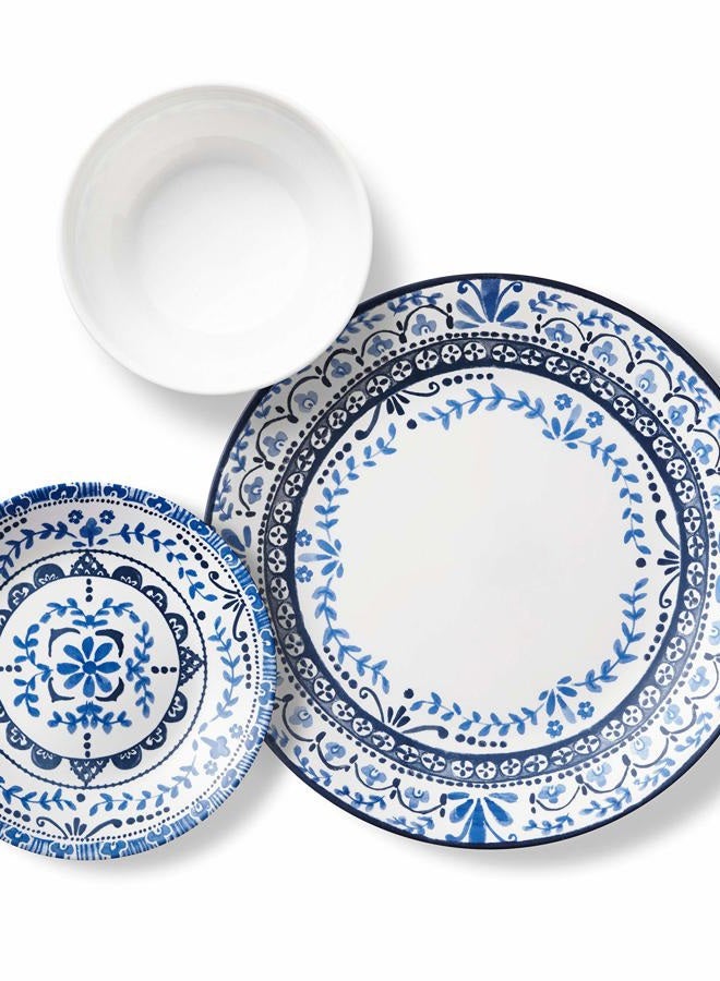 Corelle طقم أدوات مائدة مقاوم للرقائق لخدمة 6 أشخاص، 18 قطعة، بورتوفينو، أبيض وأزرق - Image 3