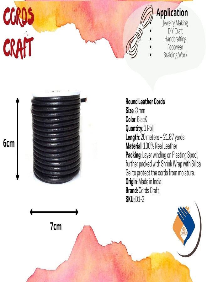 Cords Craft, Black 3.0mm Round Genuine Leather String Cord for Jewelry Making DIY Crafts, Beading Work, Necklace Cords, Bracelet Leather Cord (Black, 3.0mm) - Image 2