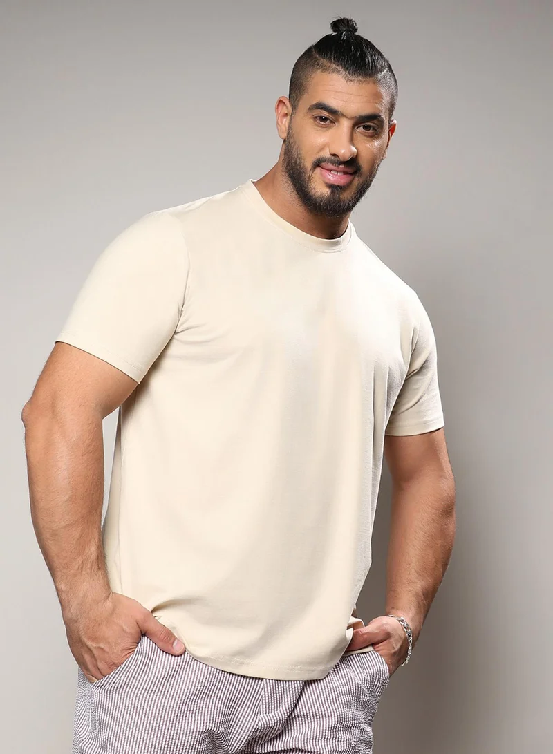 Instafab Plus Instafab Plus Men's Beige Basic Plus-Size Fit T-Shirt For Casual Wear | Crewneck | Short Sleeve | Pull On Closure | Cotton T-Shirt Crafted With Comfort Fit For Everyday Wear