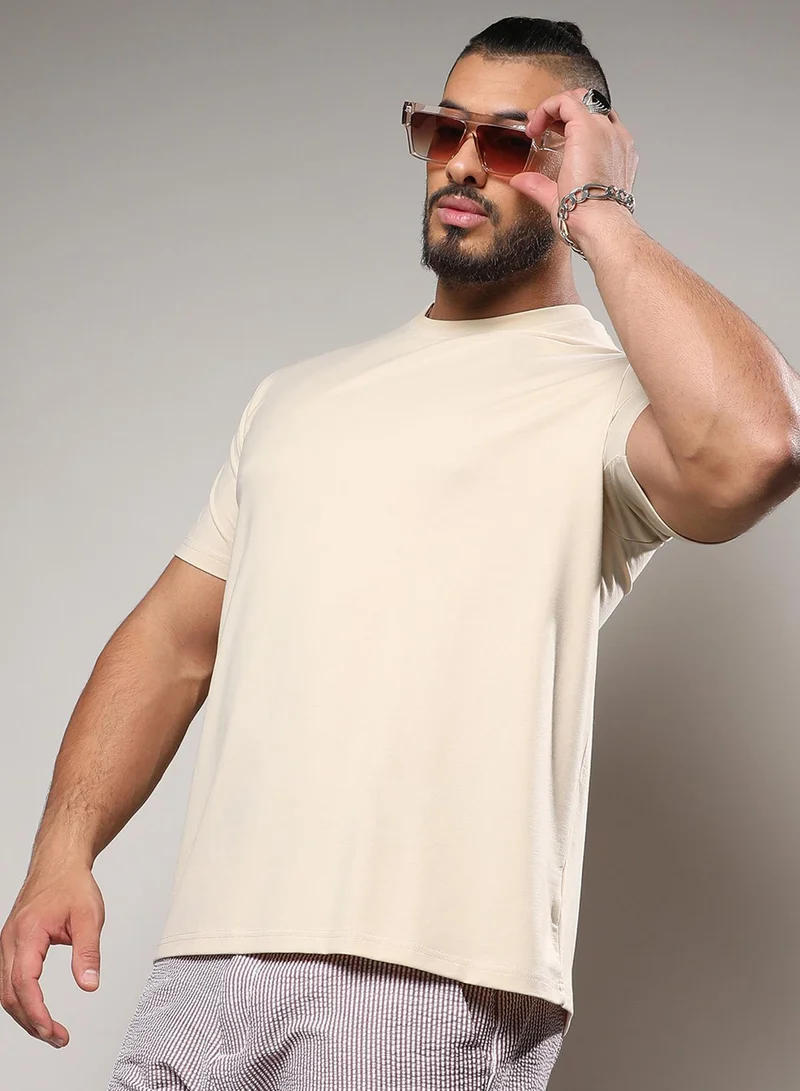 Instafab Plus Instafab Plus Men's Beige Basic Plus-Size Fit T-Shirt For Casual Wear | Crewneck | Short Sleeve | Pull On Closure | Cotton T-Shirt Crafted With Comfort Fit For Everyday Wear