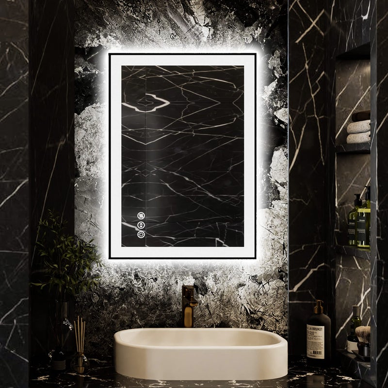 ISKM 20x28 Inch LED Lighted Bathroom Mirror for Wall Matte Black Framed Vanity Mirrors Front and Backlit Dimmable AntiFog Memory ShatterproofHorizontalVertical