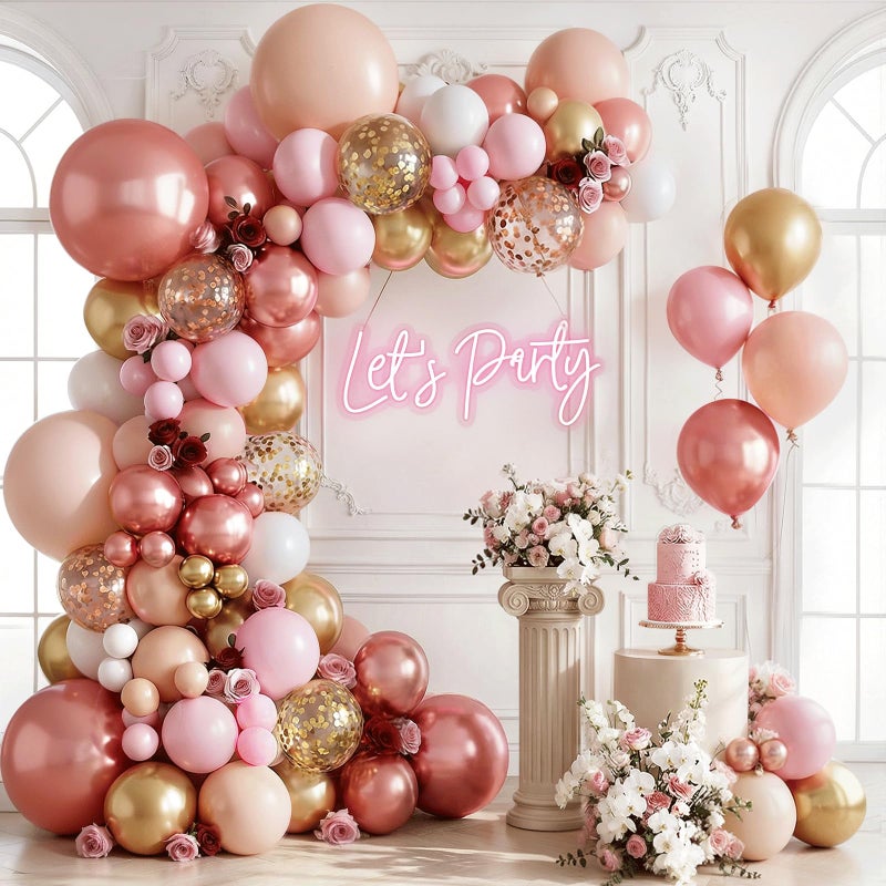 Zesliwy Rose Gold Pink Balloon Garland Kit, Pastel Pink Gold Metallic Nude White Balloons Rose Gold Confetti Balloons for Bridal Shower Wedding Birthday Princess Party Decorations - Image 1