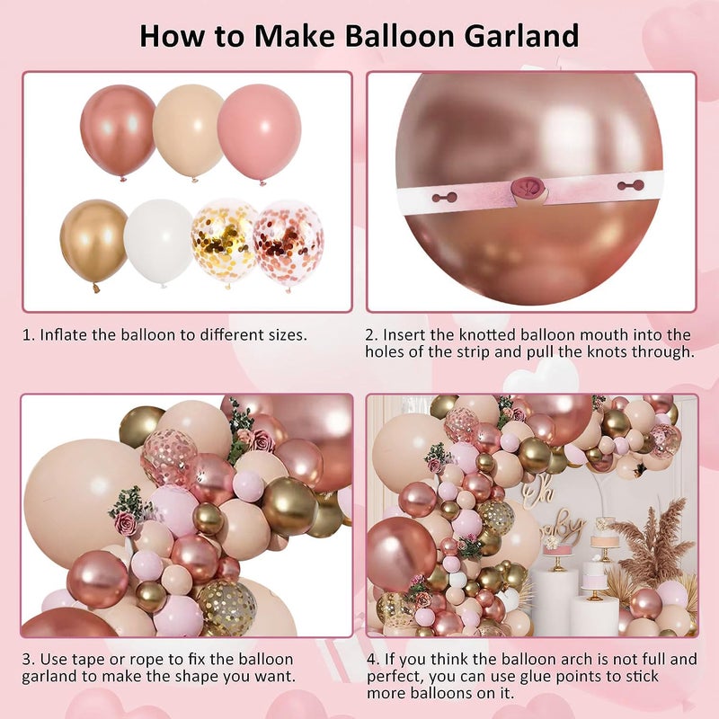 Zesliwy Rose Gold Pink Balloon Garland Kit, Pastel Pink Gold Metallic Nude White Balloons Rose Gold Confetti Balloons for Bridal Shower Wedding Birthday Princess Party Decorations - Image 3