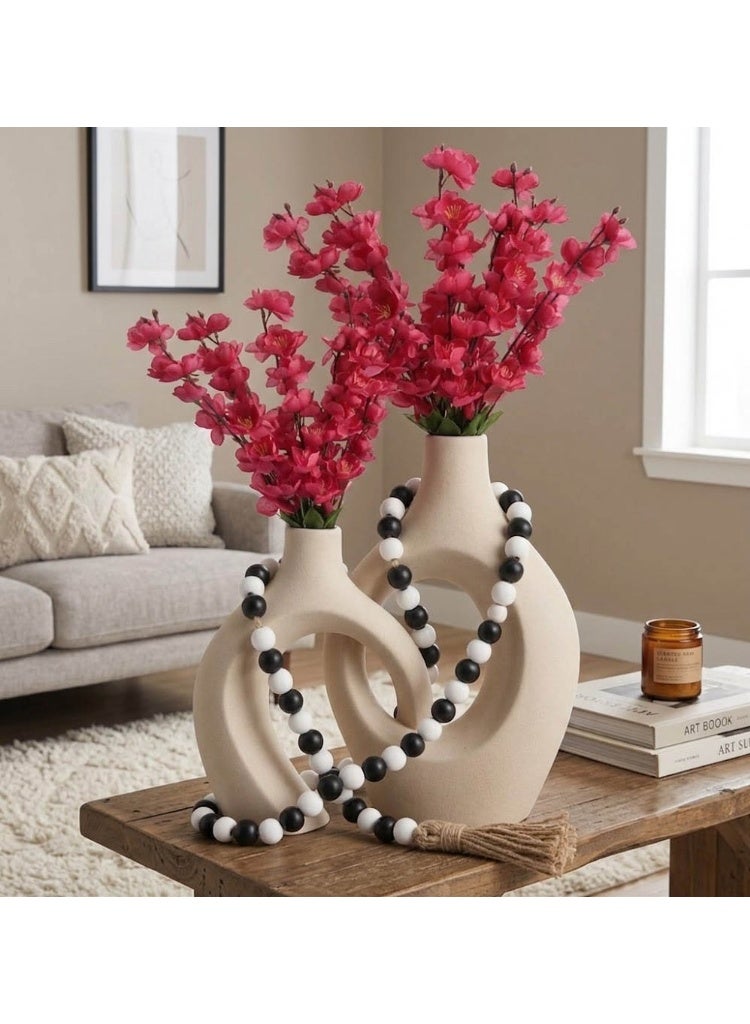Set of 2 Ceramic Donut Vases with Artificial Cherry Blossoms & Wooden Bead Garland Table Decor - Image 5