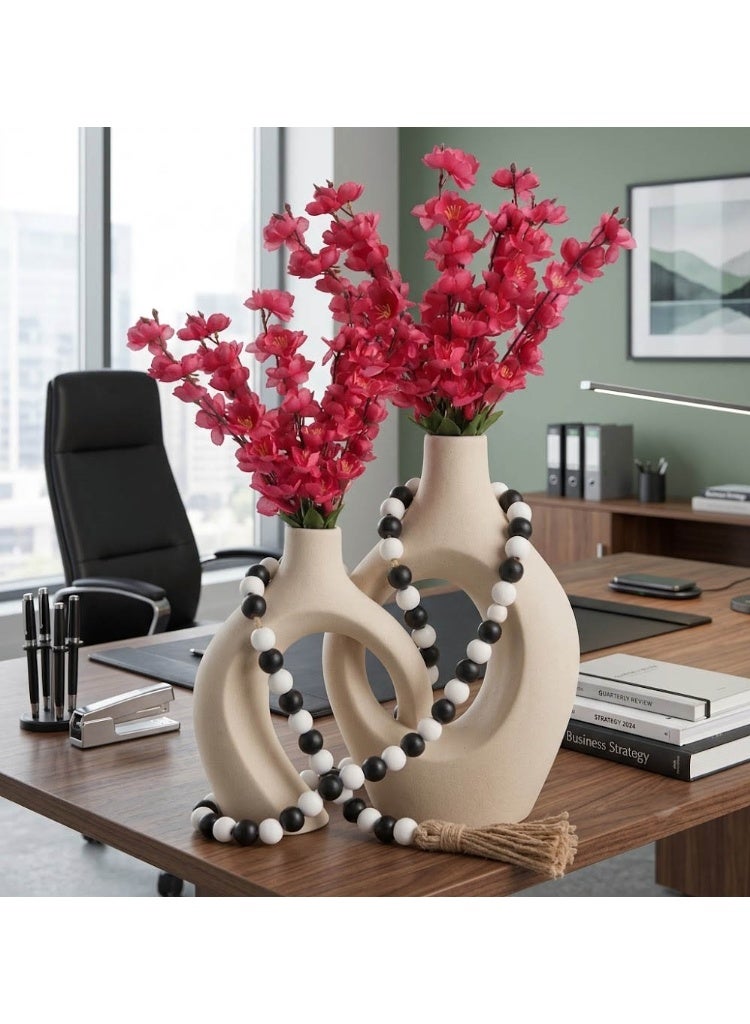 Set of 2 Ceramic Donut Vases with Artificial Cherry Blossoms & Wooden Bead Garland Table Decor - Image 4