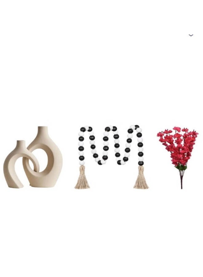 Set of 2 Ceramic Donut Vases with Artificial Cherry Blossoms & Wooden Bead Garland Table Decor - Image 3