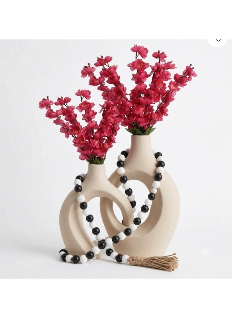 Set of 2 Ceramic Donut Vases with Artificial Cherry Blossoms & Wooden Bead Garland Table Decor - Image 1