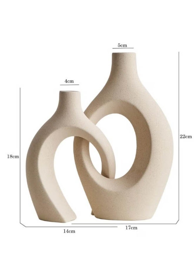 Set of 2 Ceramic Donut Vases with Artificial Cherry Blossoms & Wooden Bead Garland Table Decor - Image 2