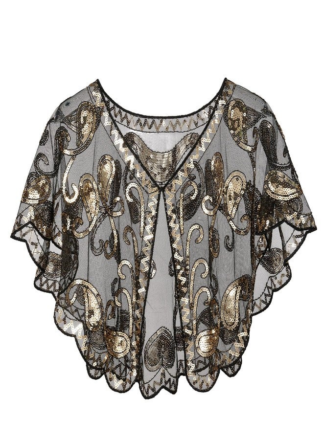QIUTIMIY 1920s Shawls and Wraps for Women Formal Evening Dresses Cover Up Sequin Beaded Flapper Shawl Vintage Capelet(Style1-Black Gold) - Image 1