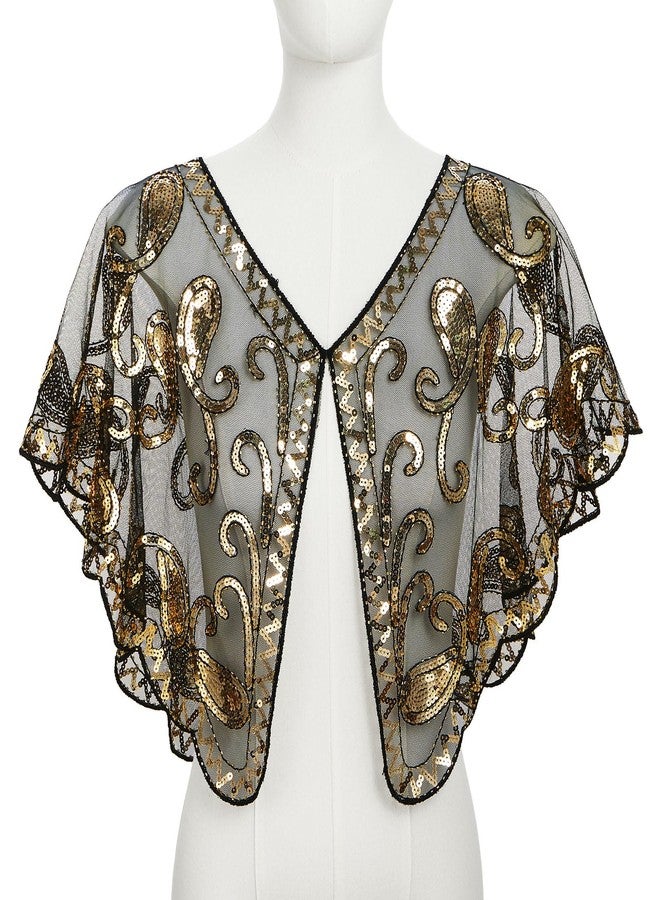 QIUTIMIY 1920s Shawls and Wraps for Women Formal Evening Dresses Cover Up Sequin Beaded Flapper Shawl Vintage Capelet(Style1-Black Gold) - Image 4