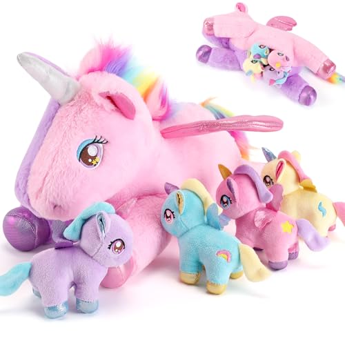 gnomantic 5 Pieces Unicorn Stuffed Animals 1 Mommy Stuffed Unicorn with 4 Babies Unicorns Gifts for Girls Ages 38 Unicorns Plush Toys for Christmas Valentines Birthday Gifts Pink Purple - Image 1