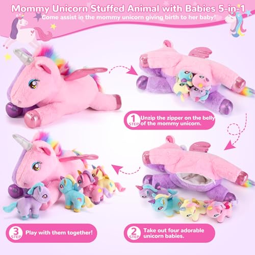 gnomantic 5 Pieces Unicorn Stuffed Animals 1 Mommy Stuffed Unicorn with 4 Babies Unicorns Gifts for Girls Ages 38 Unicorns Plush Toys for Christmas Valentines Birthday Gifts Pink Purple - Image 5