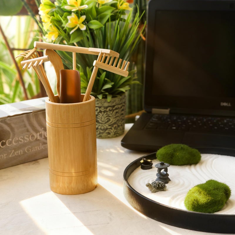 BangBangDa Mini Zen Garden Rake Tool Tabletop Meditation Rock Sand Garden Kits with Moss Rakes Brusher Spoon Figurines Holder - Image 2