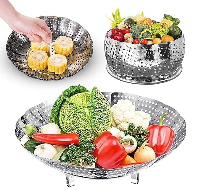 Roojave Roojave Veg Steamer Folding Stainless Steel Steamer Insert Vegetable Kitchen Fruit Food Basket Mesh Steamer Cookware Utensils for Cooking Steam Pans steam boiling Fruit Bowl Fit - Image 1