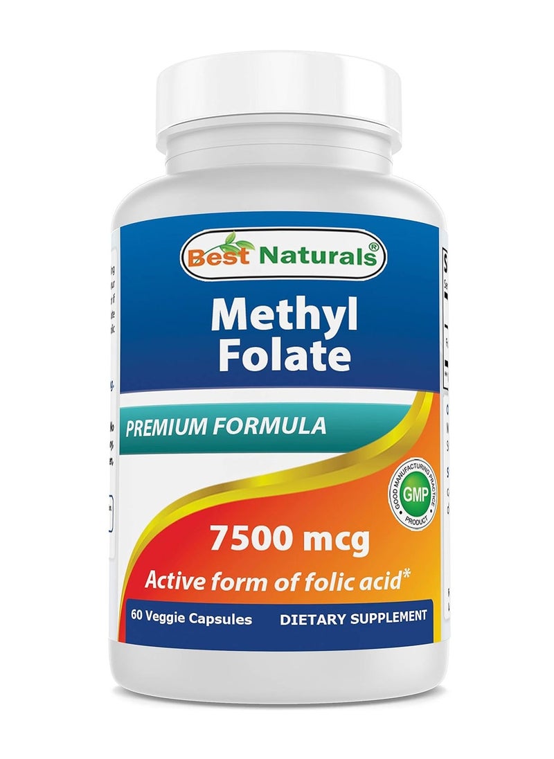 Best Naturals Methyl Folate 7500 mcg (7.5mg) (Most Bio-Available) Veggie Capsule - Supports Cell Formation Growth Function, Brain, Memory, Cardiovascular Health, 60 Count  - Image 1