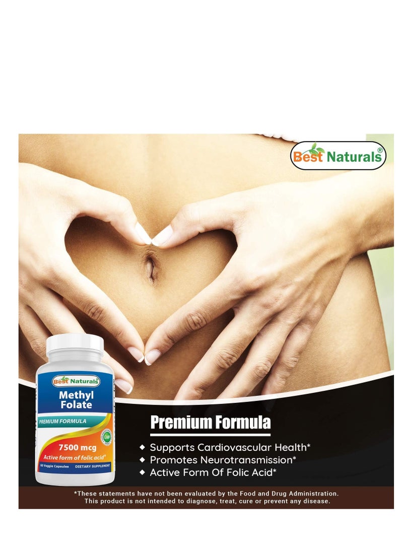 Best Naturals Methyl Folate 7500 mcg (7.5mg) (Most Bio-Available) Veggie Capsule - Supports Cell Formation Growth Function, Brain, Memory, Cardiovascular Health, 60 Count  - Image 2