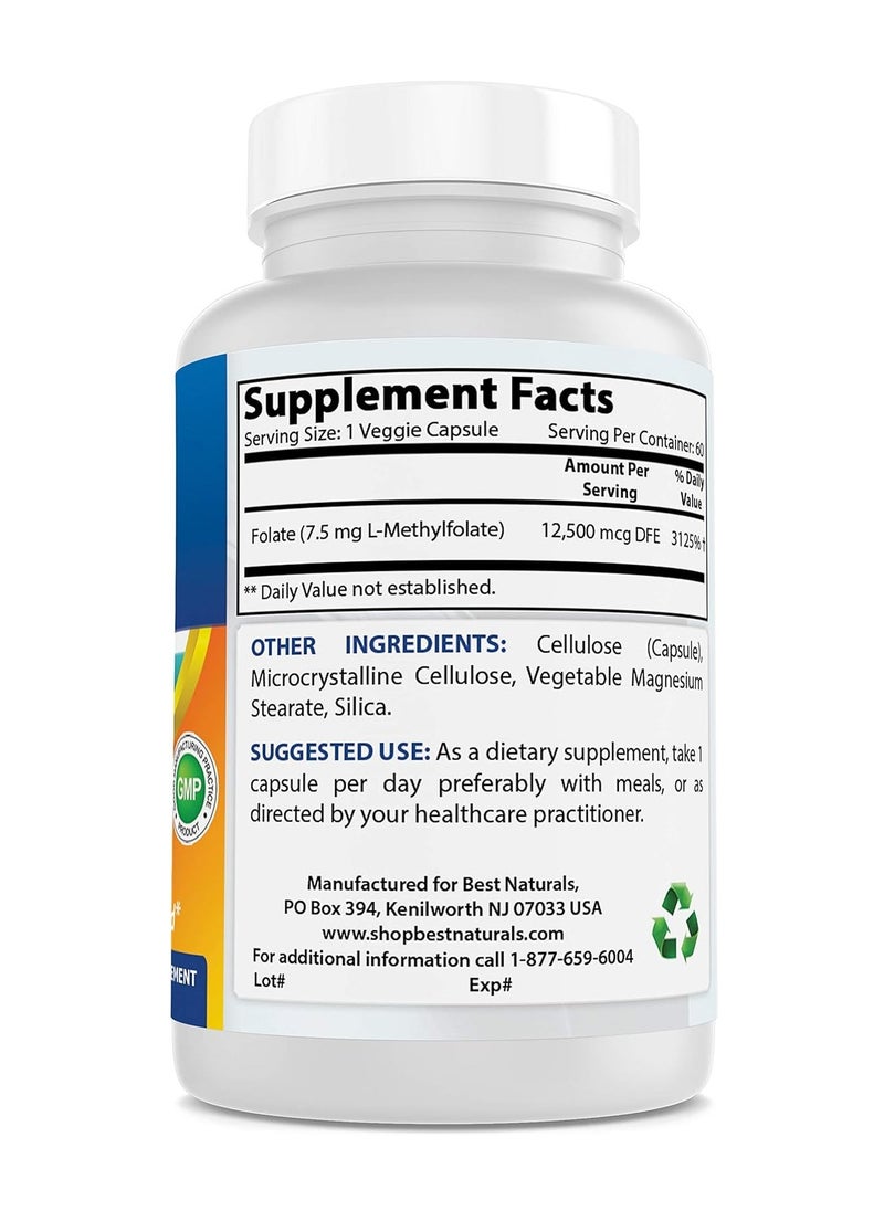 Best Naturals Methyl Folate 7500 mcg (7.5mg) (Most Bio-Available) Veggie Capsule - Supports Cell Formation Growth Function, Brain, Memory, Cardiovascular Health, 60 Count  - Image 3