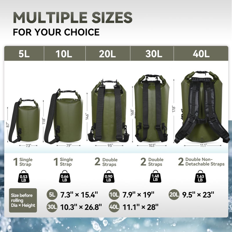 MARCHWAY Floating Waterproof Dry Bag Backpack 5L/10L/20L/30L/40L, Roll Top Sack Keeps Gear Dry for Kayaking, Rafting, Boating, Swimming, Camping, Hiking, Beach, Fishing (Army Green, 20L) - Image 3