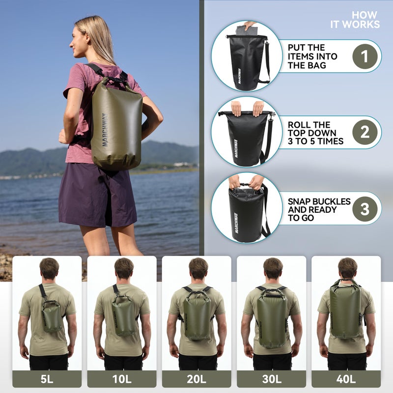 MARCHWAY Floating Waterproof Dry Bag Backpack 5L/10L/20L/30L/40L, Roll Top Sack Keeps Gear Dry for Kayaking, Rafting, Boating, Swimming, Camping, Hiking, Beach, Fishing (Army Green, 20L) - Image 4